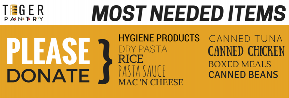 Most Needed Items - Please Donate: Hygiene products, dry pasta, rice, pasta sauce, mac 'n' cheese, canned tuna, canned chicken, boxed meals, canned beans